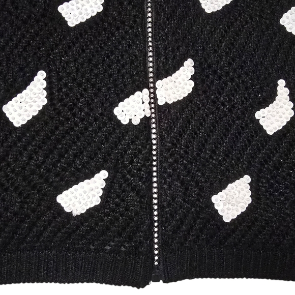 Women's Gardy Cardigan Knit Sweater Black Knit White Sequins Rhinestone Zipper L - Picture 12 of 13